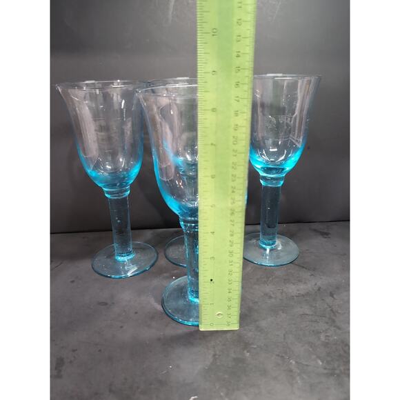 Hand Blown Sky Blue Wine Glasses, Long Stem, Vintage Set of 4, Heavy Glassware - Picture 8 of 9
